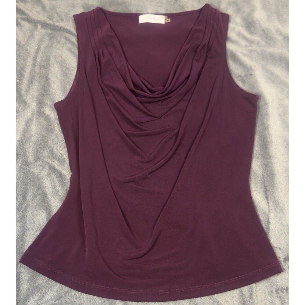 Calvin Klein Womens Cowl Draped Neck Pullover Sleeveless Top Plum Size Medium